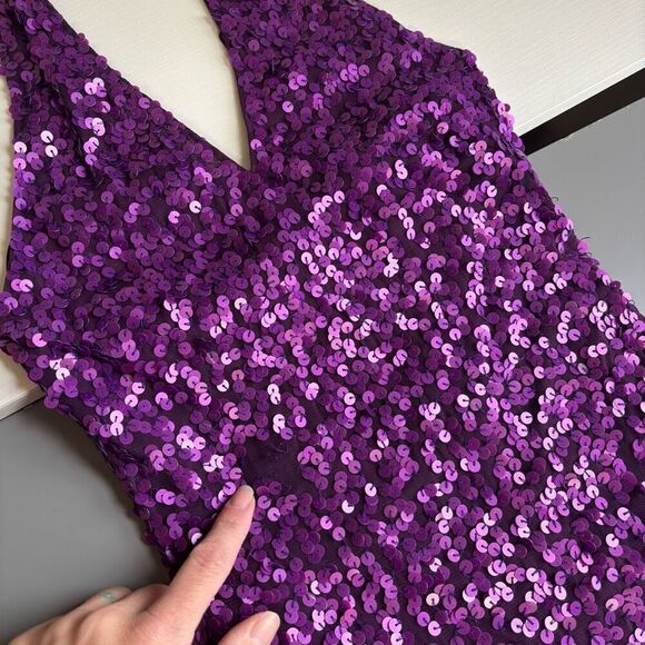 Cache Purple Sequined Halter Dress Stretch Bodycon Fully Lined size 4 - Picture 8 of 15